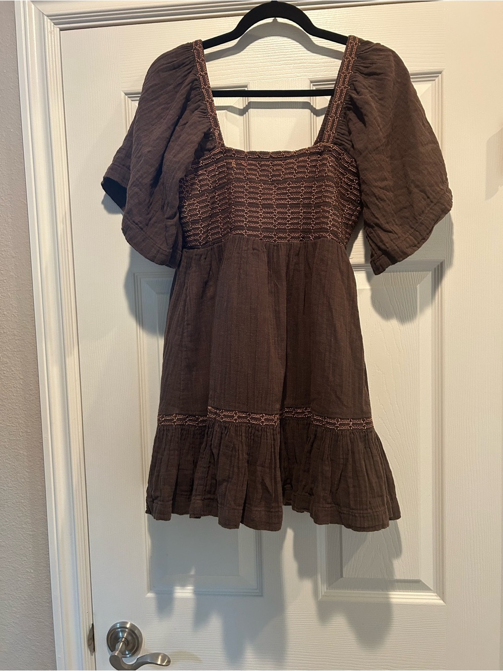 Free People Brown Smocked Puff Sleeve Mini Dress, Like new, oversized XS